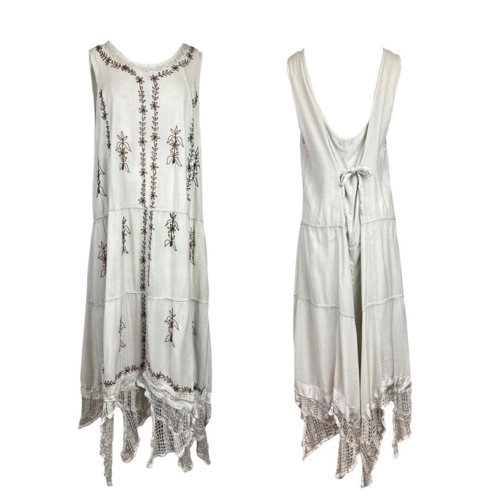 Vintage Boho Hippie Maxi Dress White Peasant Embroidered 90s Does 70s 1X - XL L